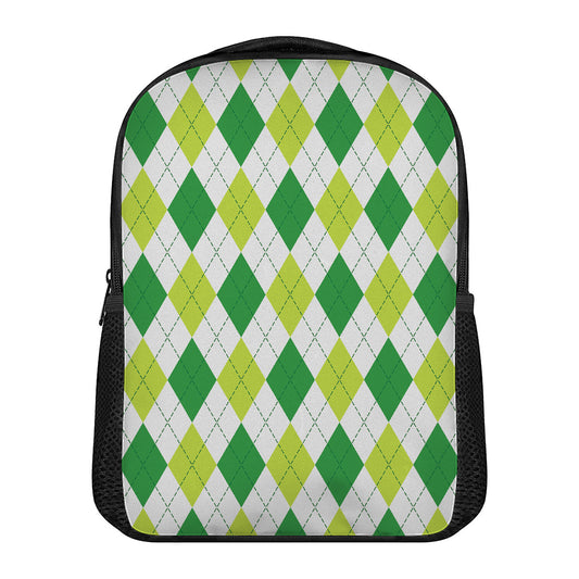 White And Green Argyle Pattern Print Casual Backpack