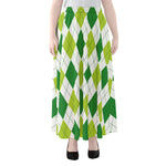 White And Green Argyle Pattern Print Chiffon Maxi Skirt