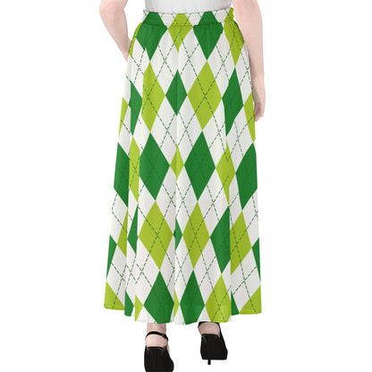 White And Green Argyle Pattern Print Chiffon Maxi Skirt