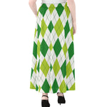 White And Green Argyle Pattern Print Chiffon Maxi Skirt
