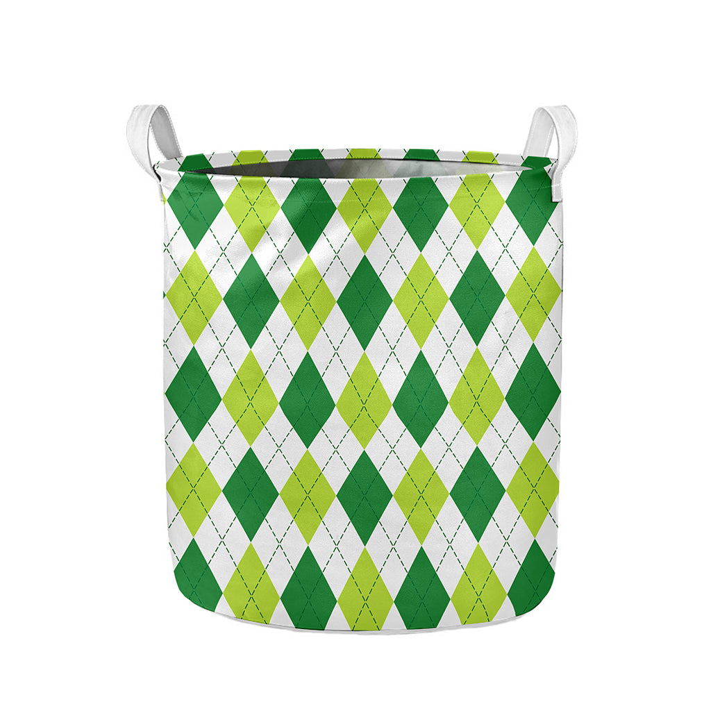White And Green Argyle Pattern Print Collapsible Laundry Basket