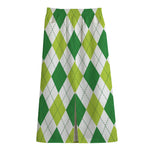 White And Green Argyle Pattern Print Cotton Front Slit Maxi Skirt