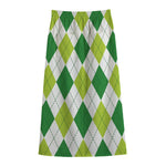 White And Green Argyle Pattern Print Cotton Front Slit Maxi Skirt