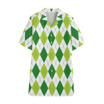 White And Green Argyle Pattern Print Cotton Hawaiian Shirt