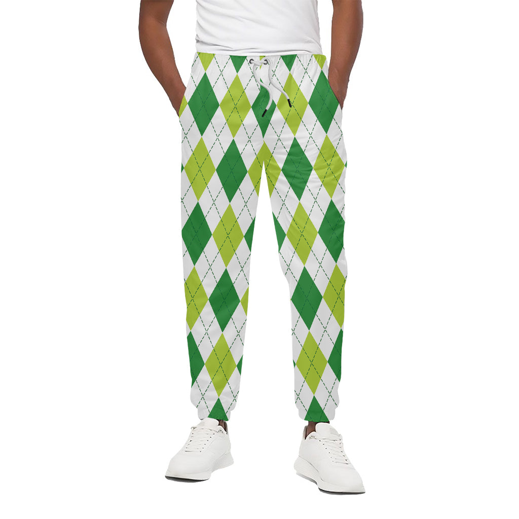 White And Green Argyle Pattern Print Cotton Pants