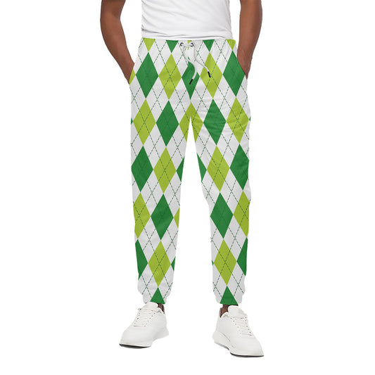 White And Green Argyle Pattern Print Cotton Pants