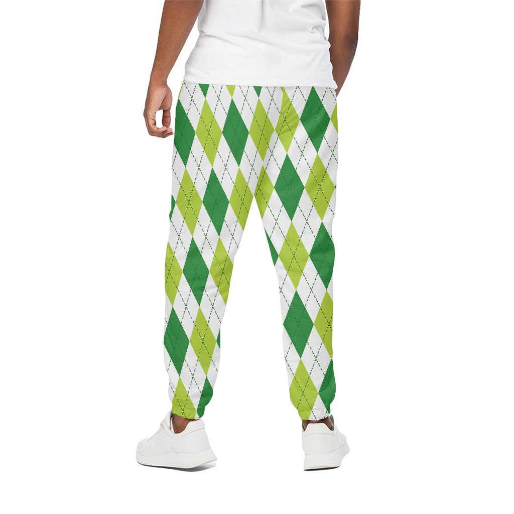 White And Green Argyle Pattern Print Cotton Pants