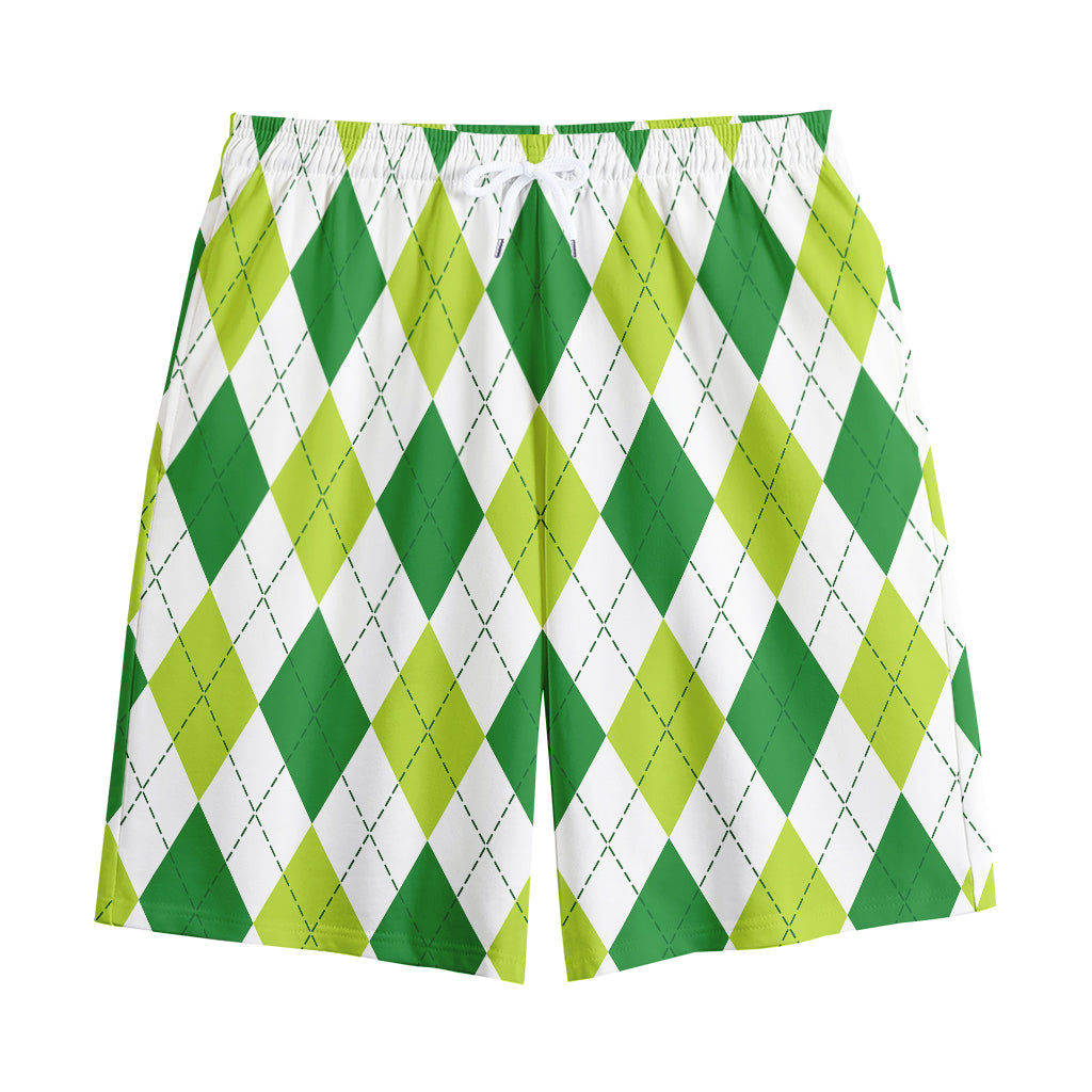 White And Green Argyle Pattern Print Cotton Shorts