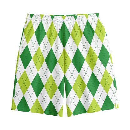 White And Green Argyle Pattern Print Cotton Shorts
