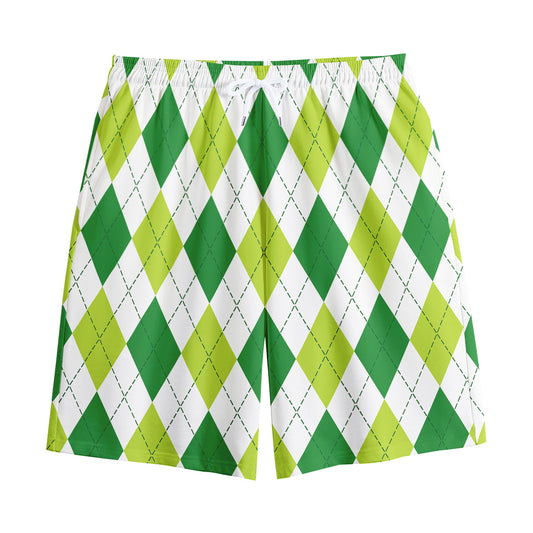White And Green Argyle Pattern Print Cotton Shorts