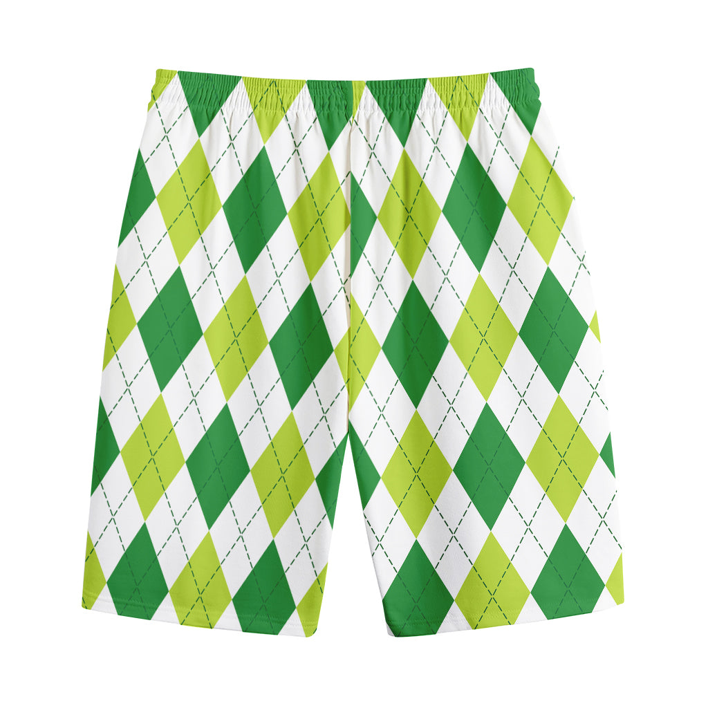 White And Green Argyle Pattern Print Cotton Shorts