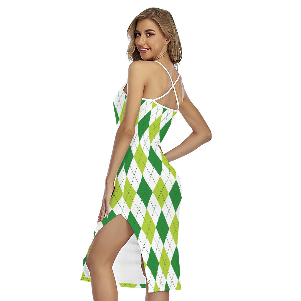 White And Green Argyle Pattern Print Cross Back Cami Dress