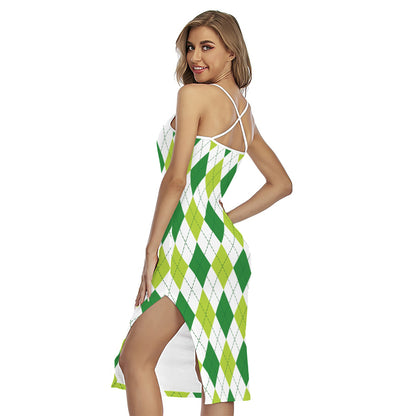 White And Green Argyle Pattern Print Cross Back Cami Dress