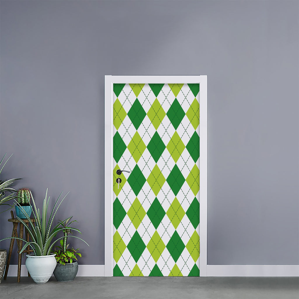 White And Green Argyle Pattern Print Door Sticker