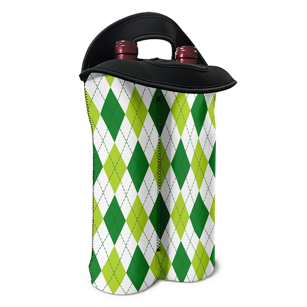 White And Green Argyle Pattern Print Double Neoprene Wine Tote