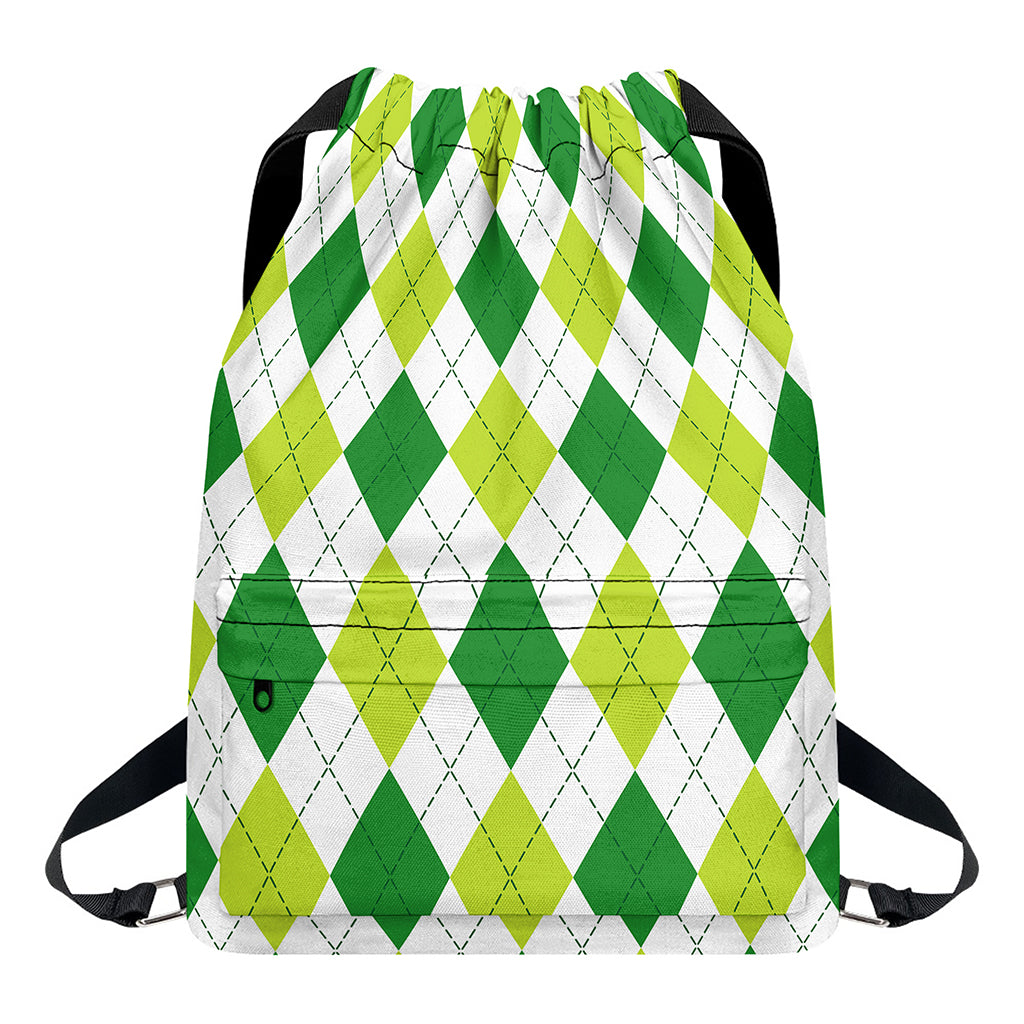 White And Green Argyle Pattern Print Drawstring Backpack