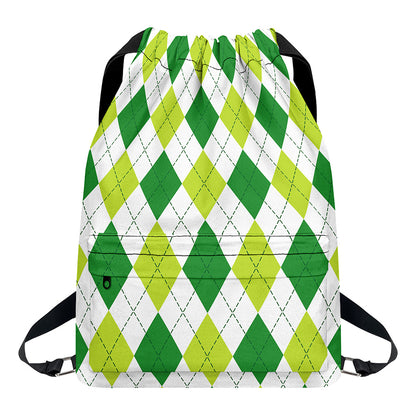 White And Green Argyle Pattern Print Drawstring Backpack