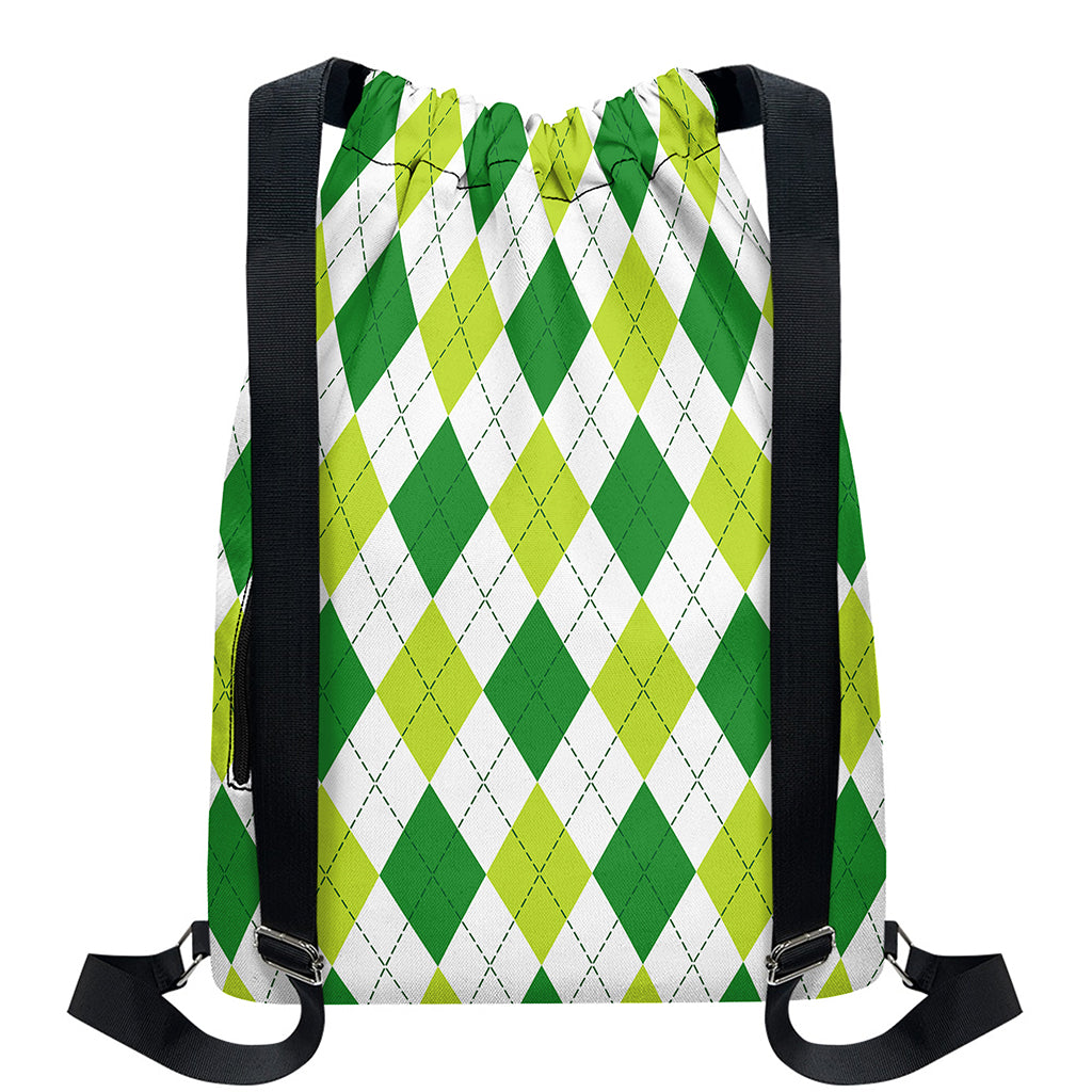 White And Green Argyle Pattern Print Drawstring Backpack