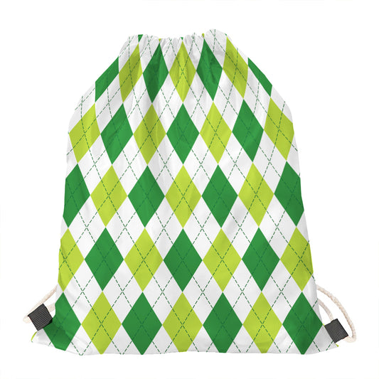 White And Green Argyle Pattern Print Drawstring Bag