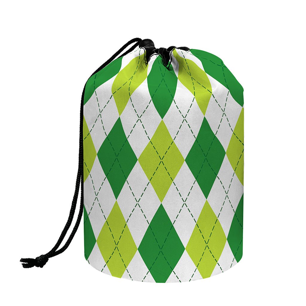 White And Green Argyle Pattern Print Drawstring Makeup Bag