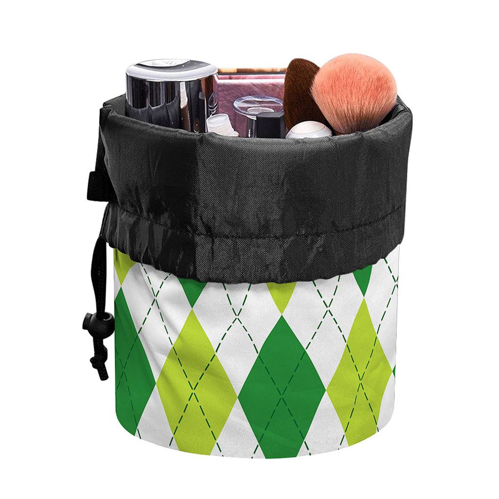 White And Green Argyle Pattern Print Drawstring Makeup Bag