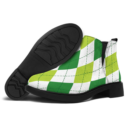 White And Green Argyle Pattern Print Flat Ankle Boots