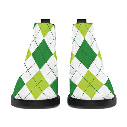 White And Green Argyle Pattern Print Flat Ankle Boots