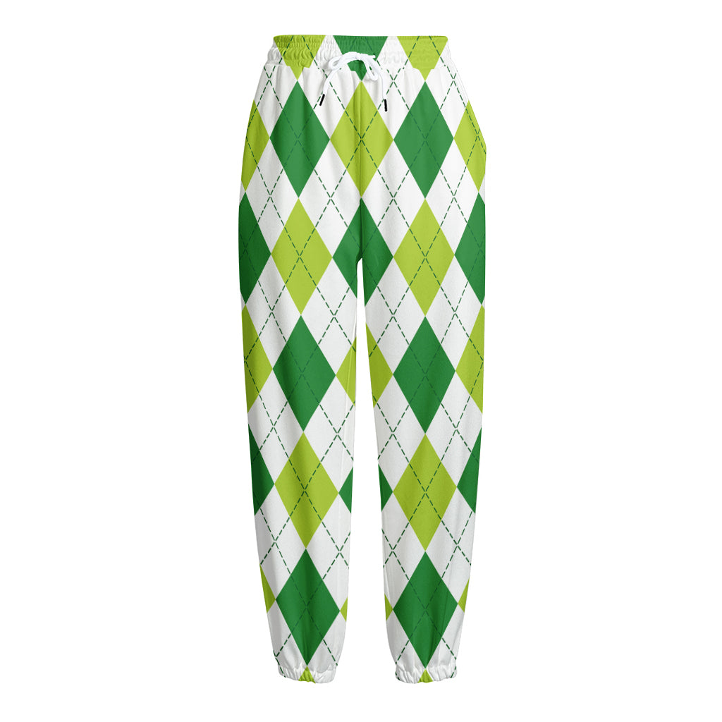 White And Green Argyle Pattern Print Fleece Lined Knit Pants