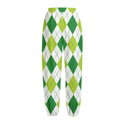 White And Green Argyle Pattern Print Fleece Lined Knit Pants