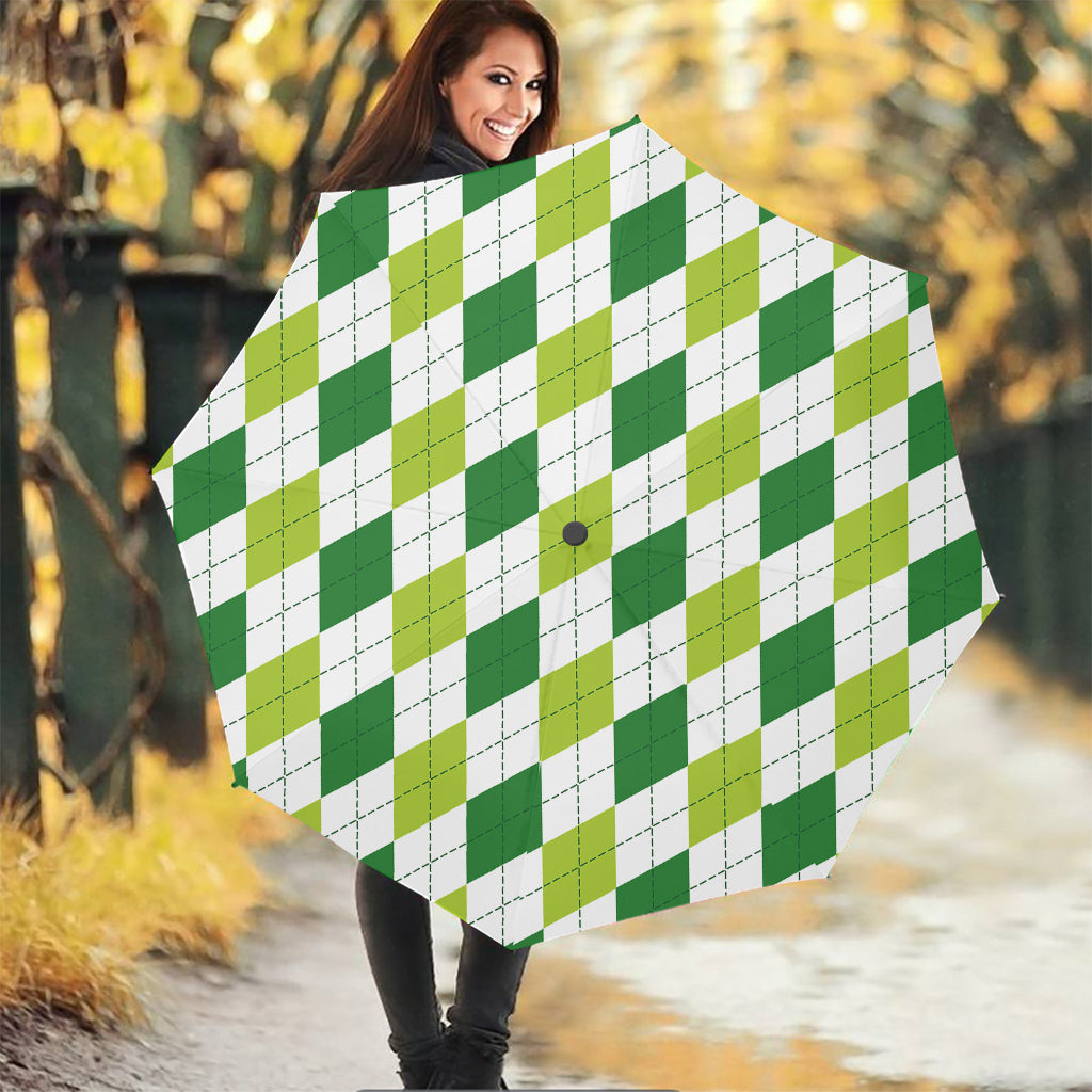 White And Green Argyle Pattern Print Foldable Umbrella