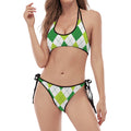 White And Green Argyle Pattern Print Halter Scoop Tie Side Bikini