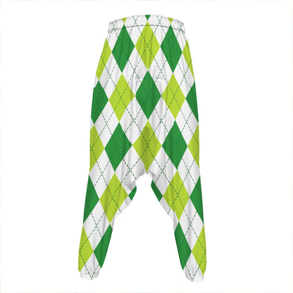 White And Green Argyle Pattern Print Hammer Pants