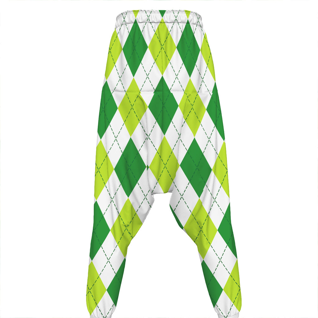 White And Green Argyle Pattern Print Hammer Pants