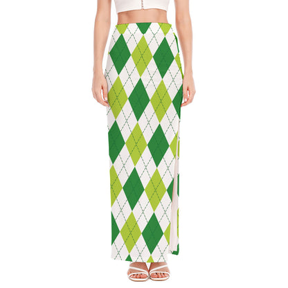 White And Green Argyle Pattern Print High Slit Maxi Skirt