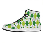 White And Green Argyle Pattern Print High Top Leather Sneakers