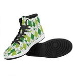 White And Green Argyle Pattern Print High Top Leather Sneakers