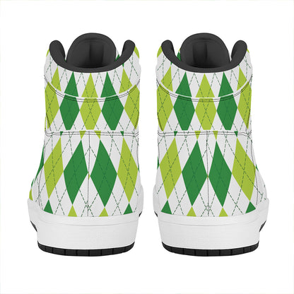 White And Green Argyle Pattern Print High Top Leather Sneakers