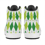 White And Green Argyle Pattern Print High Top Leather Sneakers