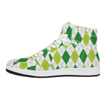 White And Green Argyle Pattern Print High Top Leather Sneakers