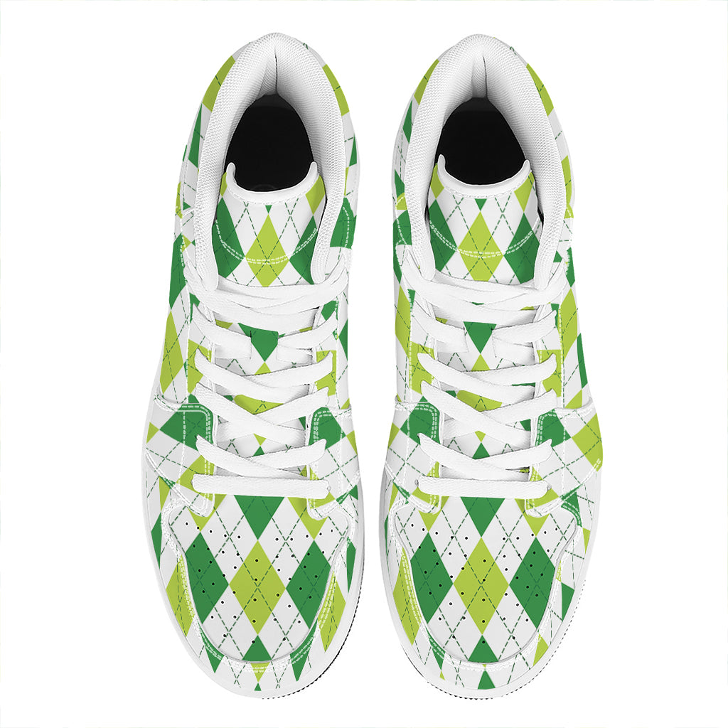 White And Green Argyle Pattern Print High Top Leather Sneakers