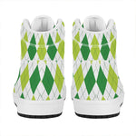 White And Green Argyle Pattern Print High Top Leather Sneakers