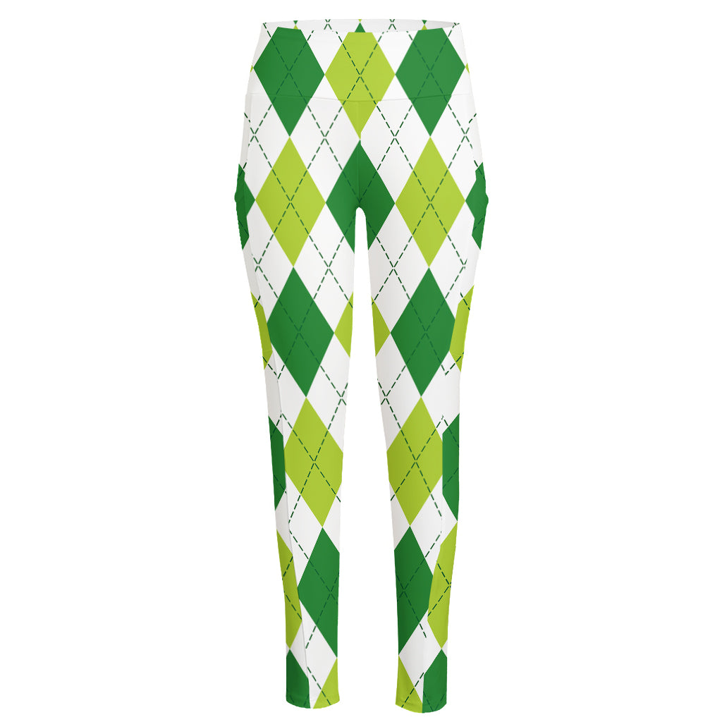 White And Green Argyle Pattern Print High-Waisted Pocket Leggings