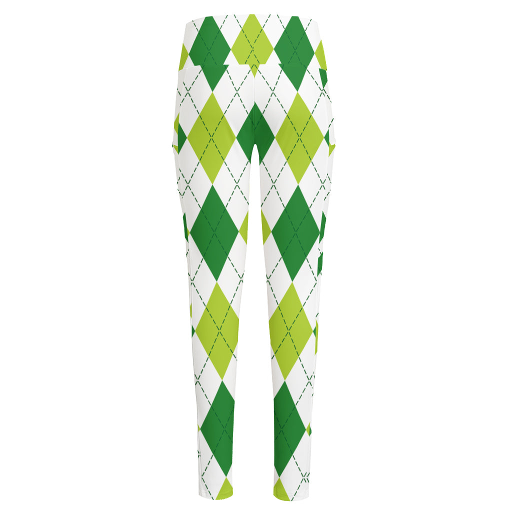 White And Green Argyle Pattern Print High-Waisted Pocket Leggings