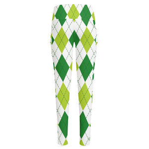 White And Green Argyle Pattern Print High-Waisted Pocket Leggings