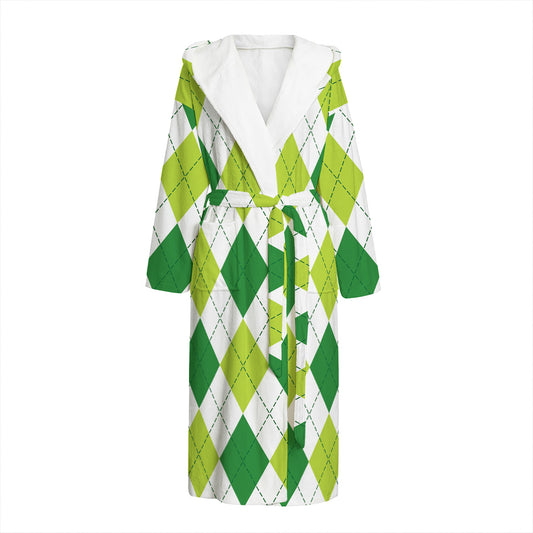 White And Green Argyle Pattern Print Hooded Bathrobe