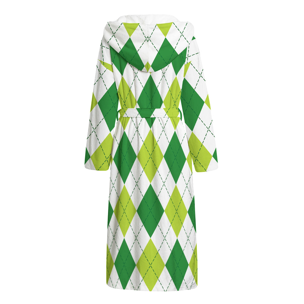 White And Green Argyle Pattern Print Hooded Bathrobe