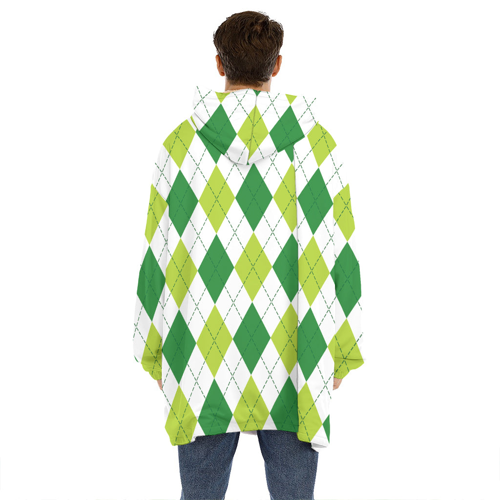 White And Green Argyle Pattern Print Hoodie Blanket
