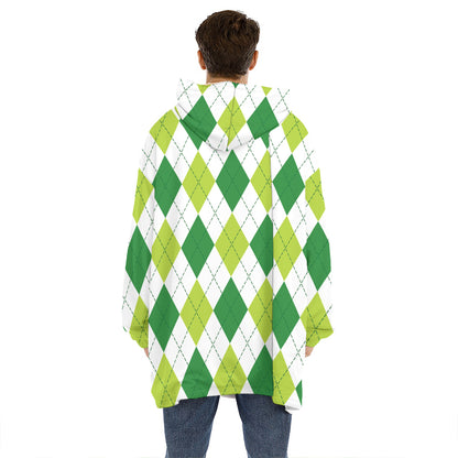 White And Green Argyle Pattern Print Hoodie Blanket