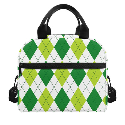 White And Green Argyle Pattern Print Insulated Lunch Bag
