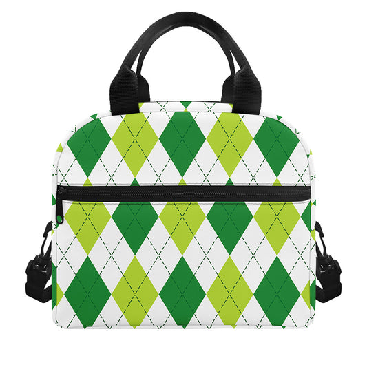 White And Green Argyle Pattern Print Insulated Lunch Bag